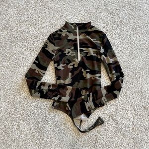 Army Print Long Sleeve Body Suit with Zipper